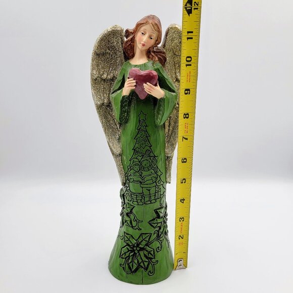 Angel Figurine Christmas Poinsettia Glitter Wings Heart Polyresin Woodcarve Tabl - Picture 9 of 10